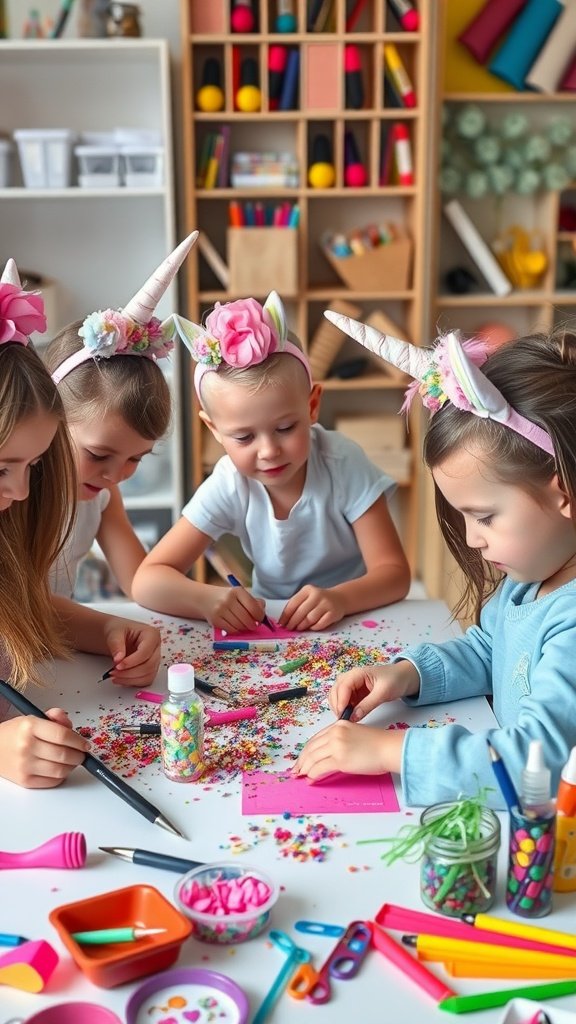 25 Magical Unicorn 2nd Birthday Party Ideas Children making crafts at a unicorn-themed birthday party