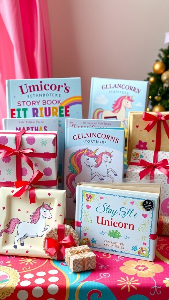 25 Magical Unicorn 2nd Birthday Party Ideas A colorful display of unicorn storybooks and gifts for a birthday party.