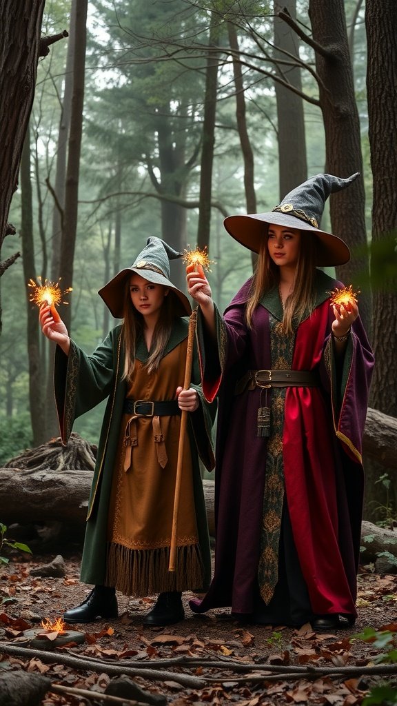 35 Best Couples Costumes for Your Next Halloween Party Two girls dressed as wizards, holding sparklers in a forest setting