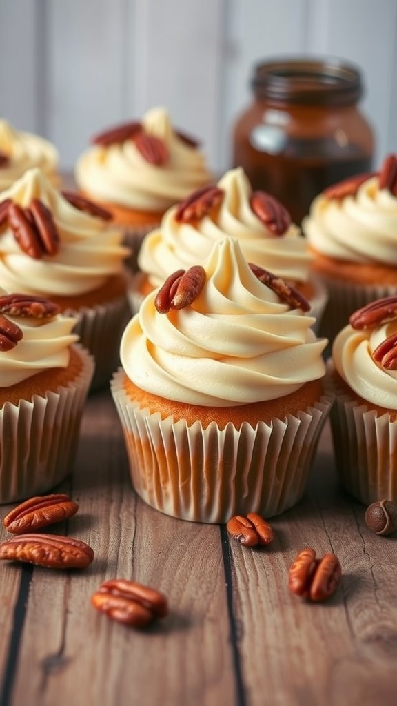 25 Creative and Colorful Easter Cupcakes to Try This Spring Delicious maple pecan cupcakes topped with cream frosting and garnished with pecans.