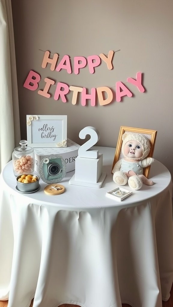 35 Creative Ideas for an Unforgettable 2nd Birthday Party A memory table for a 2nd birthday party, featuring a 'HAPPY BIRTHDAY' banner, a photo frame, a doll, and treats.