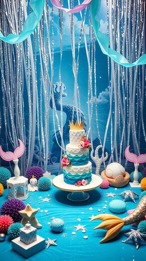 35 Creative 2nd Birthday Party Ideas for Girls A beautifully decorated mermaid lagoon birthday setup with a multi-tiered cake, colorful decor, and ocean-themed elements.