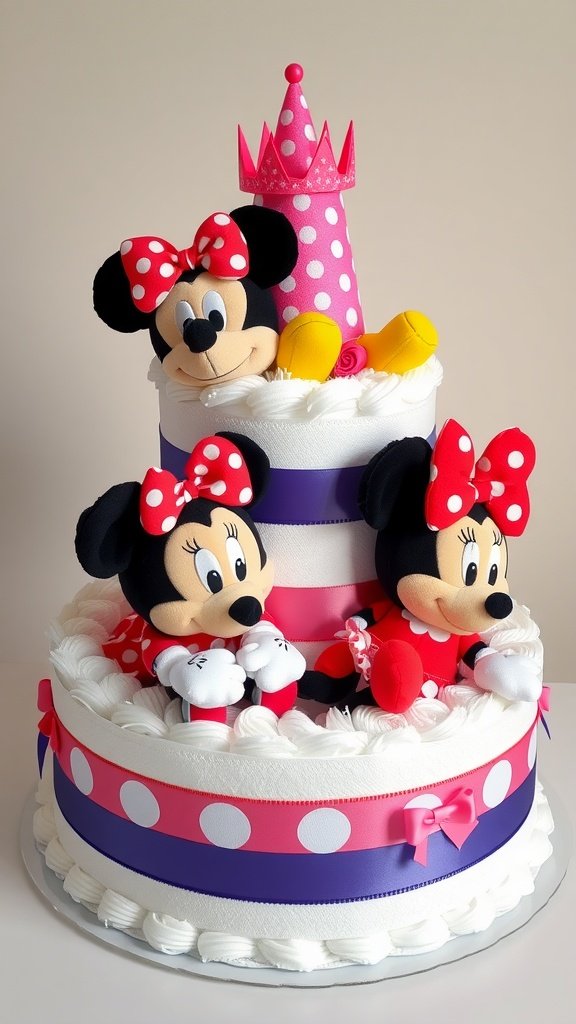 35 Adorable Diaper Cake Ideas for Baby Boys A diaper cake decorated with Mickey and Minnie Mouse plush toys, featuring colorful ribbons and tiers of diapers.