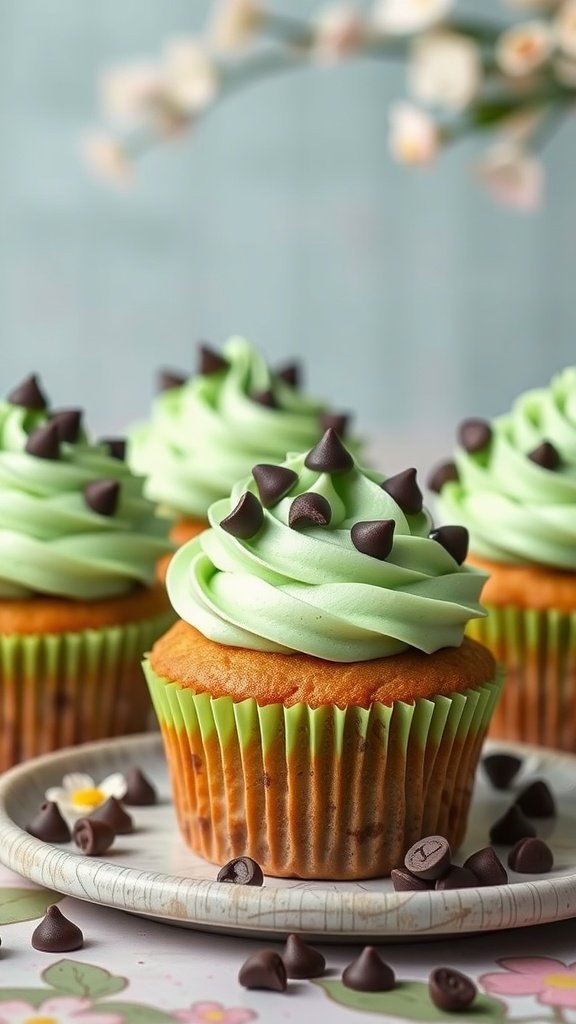 25 Creative and Colorful Easter Cupcakes to Try This Spring Mint chocolate chip cupcakes with green frosting and chocolate chips on top.