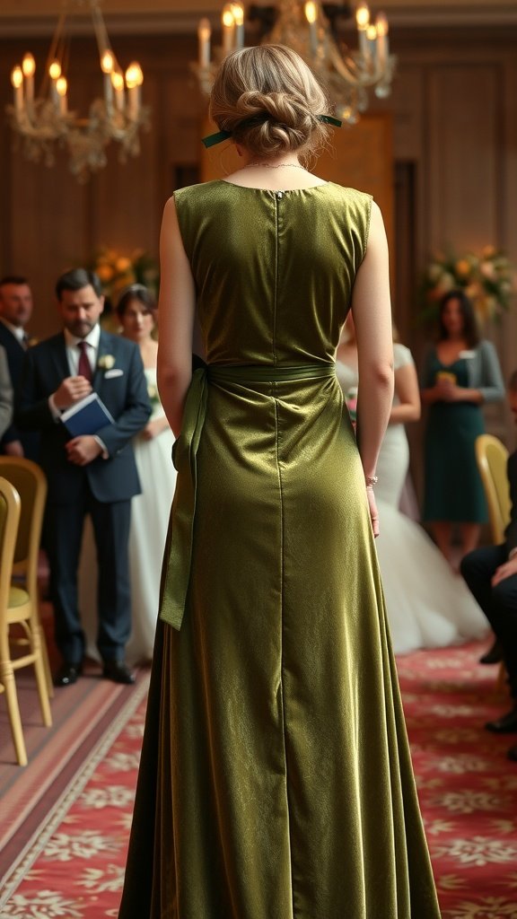 35 Stunning Olive Green Dress Outfits for Weddings A woman wearing an olive green velvet dress at a wedding ceremony, with guests seated in the background.