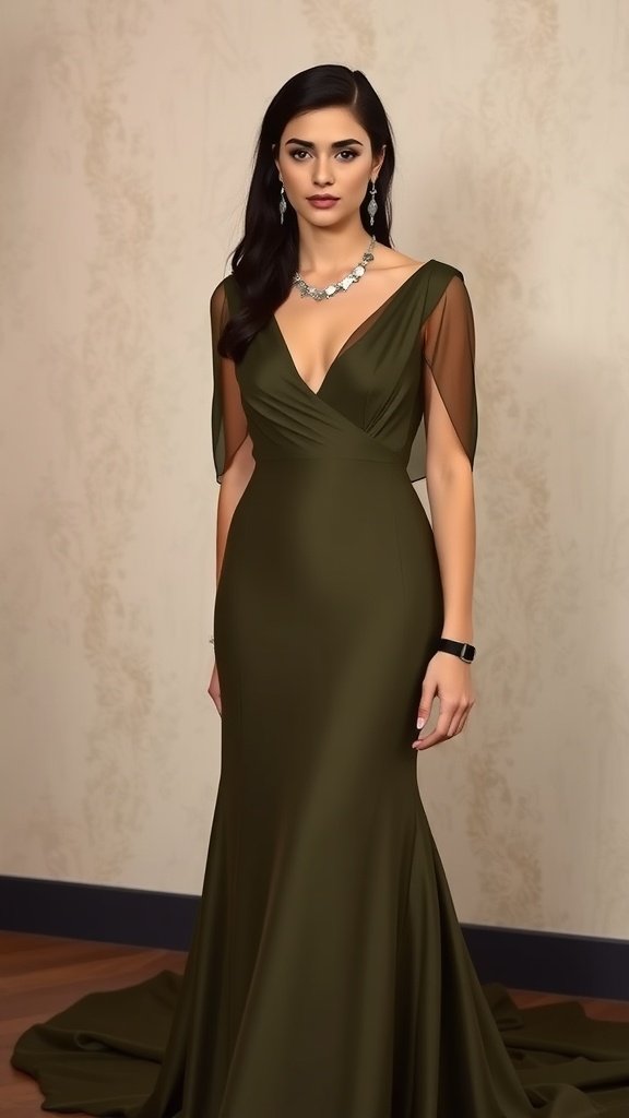 35 Stunning Olive Green Dress Outfits for Weddings A woman in an elegant olive green dress with black accessories, showcasing a timeless wedding outfit.