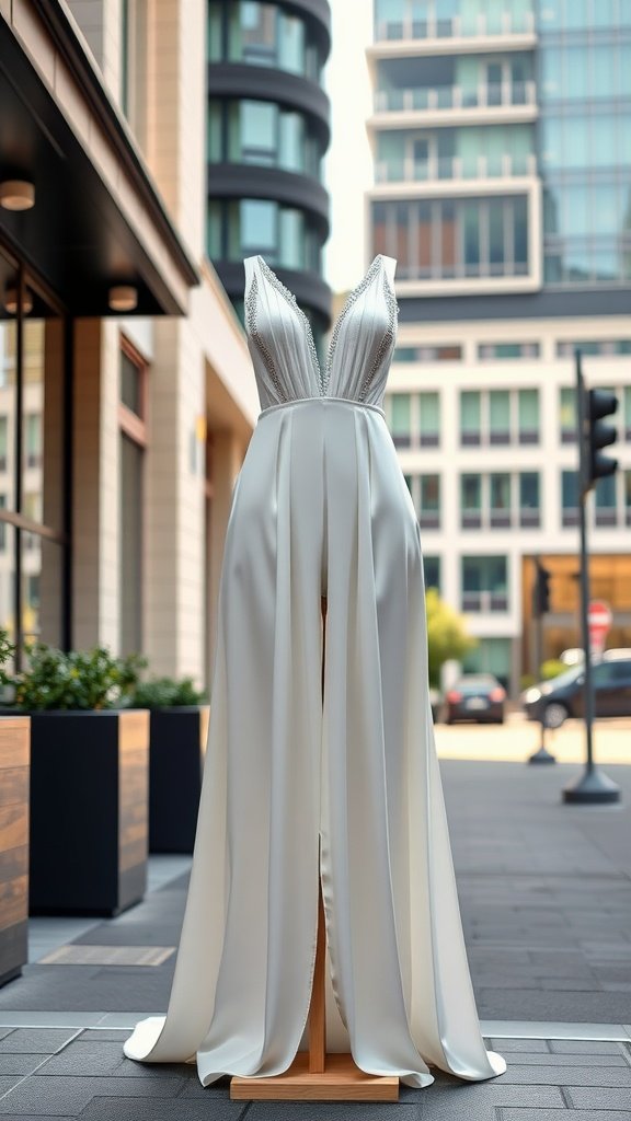 35 Breathtaking Romantic Wedding Dresses for Your Dream Day A stylish modern bridal jumpsuit displayed on a mannequin in an urban setting.