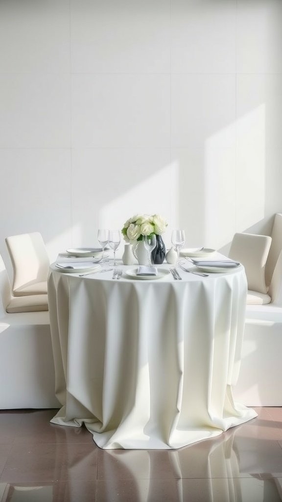 35 Stunning Romantic Wedding Table Settings for Your Special Day A modern minimalist wedding table setting with white tablecloth and delicate floral centerpiece.