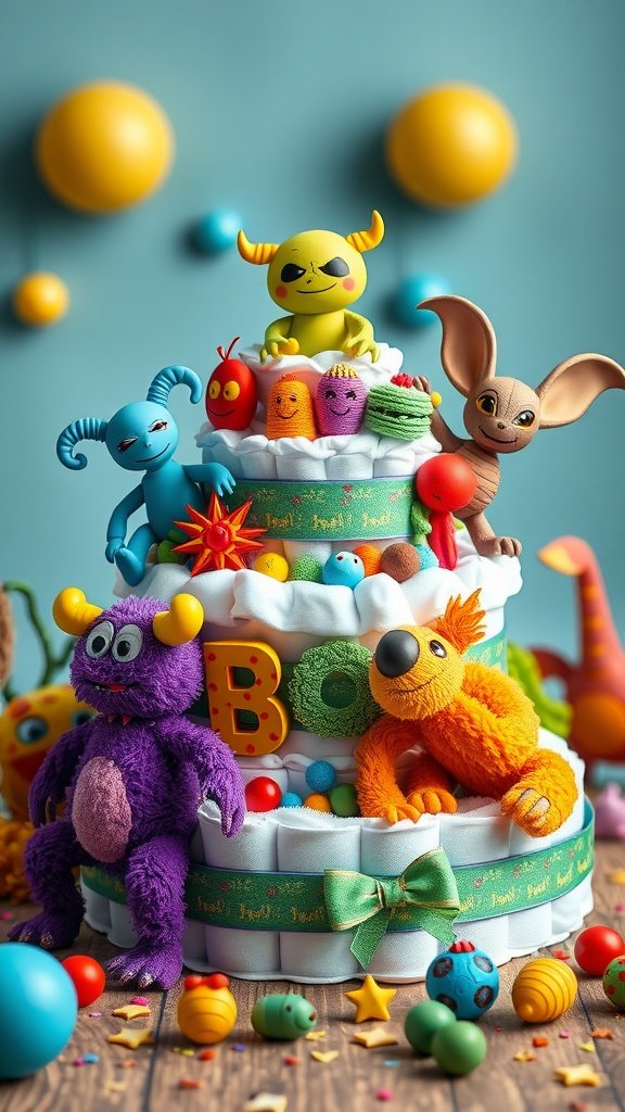 35 Adorable Diaper Cake Ideas for Baby Boys A colorful diaper cake themed with monsters and aliens, featuring playful decorations and stuffed toys.