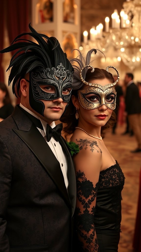 35 Best Couples Costumes for Your Next Halloween Party A couple in masquerade masks, dressed elegantly, posing at a formal event.