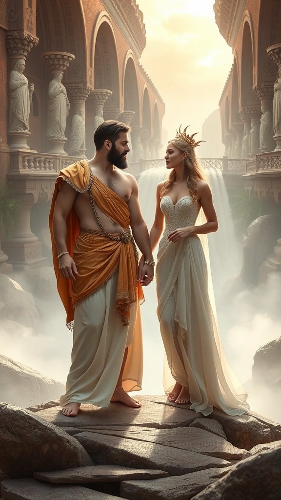 35 Best Couples Costumes for Your Next Halloween Party A couple dressed as mythical gods, showcasing elegant costumes with flowing fabrics and accessories, set against a scenic backdrop.