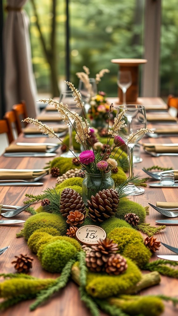 35 Stunning Romantic Wedding Decor Ideas to Inspire Your Big Day A beautifully arranged wedding table featuring moss, pinecones, and vibrant flowers as centerpieces.