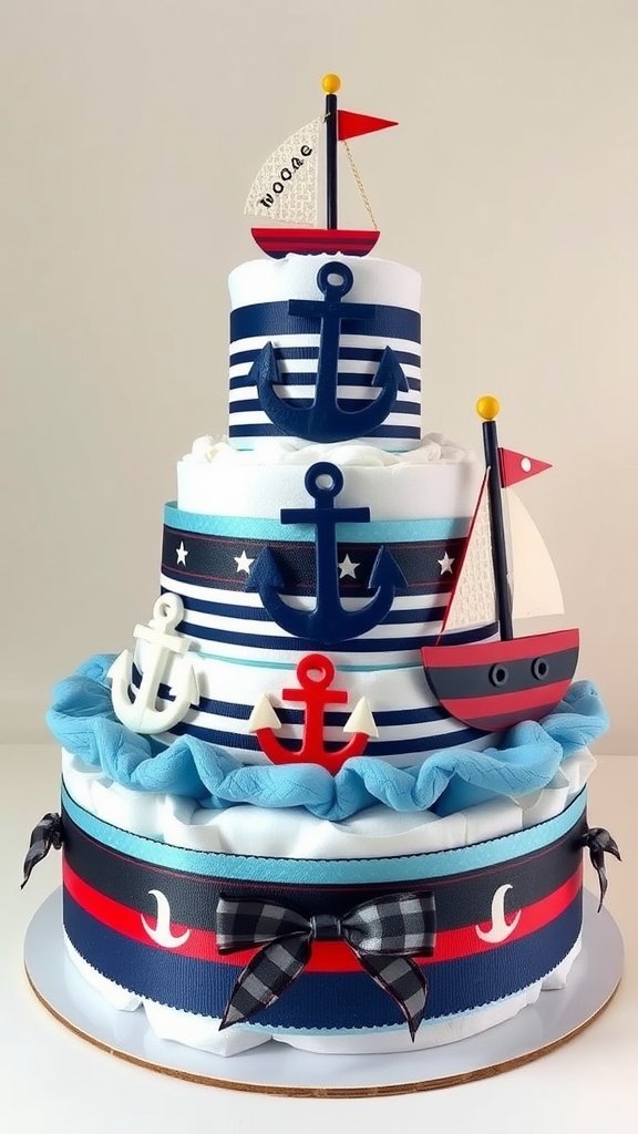 35 Adorable Diaper Cake Ideas for Baby Boys A three-tier nautical-themed diaper cake featuring blue and white stripes, anchors, and sailboats.