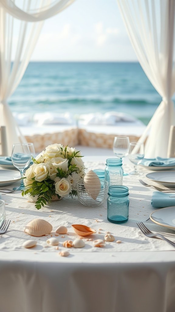 35 Stunning Romantic Wedding Table Settings for Your Special Day A romantic wedding table setting by the ocean with white roses, turquoise jars, and seashells.