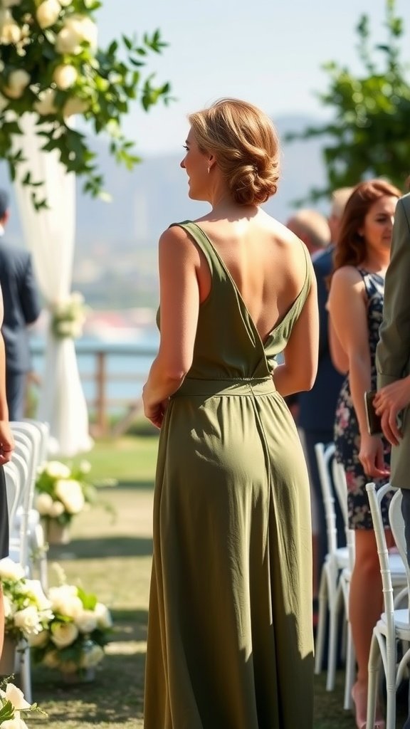 35 Stunning Olive Green Dress Outfits for Weddings Woman wearing an olive green dress at a wedding