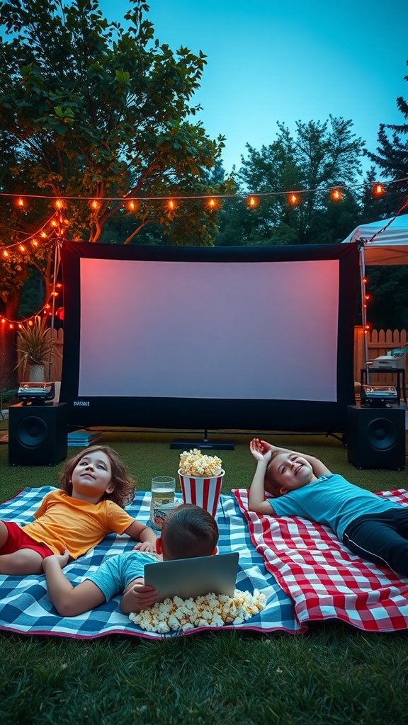 25 Fun Ideas for a 2nd Birthday Summer Party for Girls Kids lying on picnic blankets with popcorn, enjoying an outdoor movie screening.