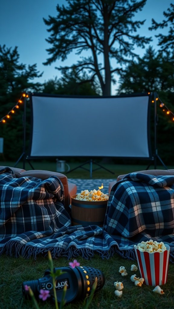 35 Creative Bridal Shower Ideas for an Unforgettable Celebration Outdoor movie screening setup with blankets, popcorn, and a projector screen
