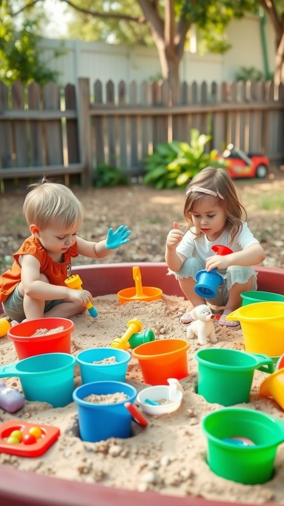35 Creative Ideas for an Unforgettable 2nd Birthday Party Two toddlers playing joyfully in a sandbox filled with colorful buckets and shovels.