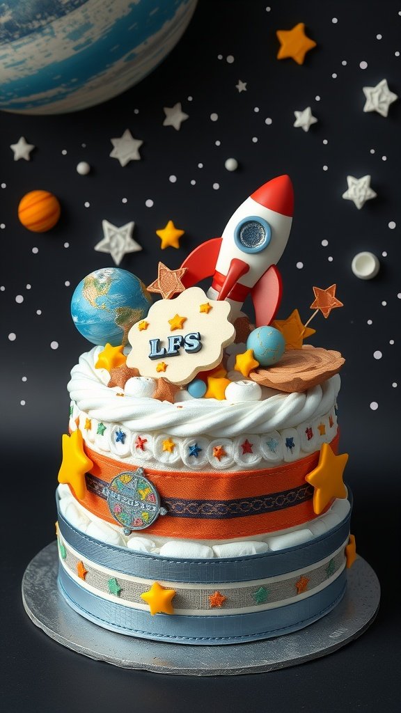 35 Adorable Diaper Cake Ideas for Baby Boys Outer Space themed diaper cake with rocket, globe, and star decorations