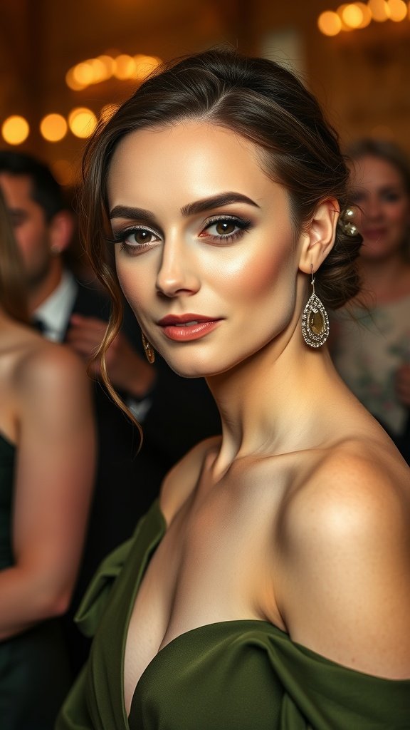 35 Stunning Olive Green Dress Outfits for Weddings A woman with neutral makeup wearing an olive green dress, showcasing an elegant look suitable for a wedding.