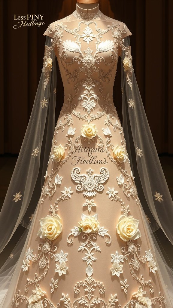 35 Breathtaking Romantic Wedding Dresses for Your Dream Day A romantic wedding dress with intricate floral embellishments and sheer sleeves, showcasing a blend of elegance and personalization.