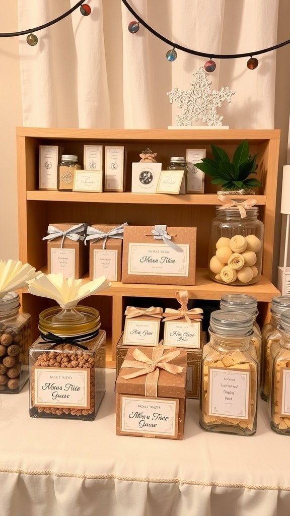 35 Creative Bridal Shower Ideas for an Unforgettable Celebration A beautifully organized personalized favors station featuring jars and boxes with labels, decorated with ribbons.