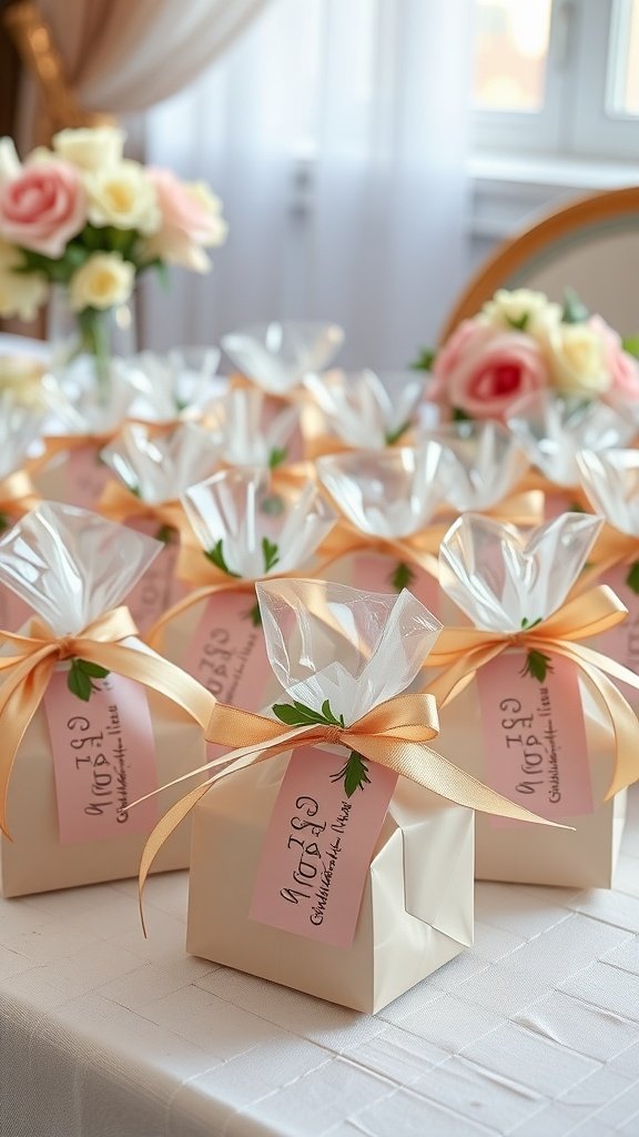 35 Stunning Romantic Wedding Decor Ideas to Inspire Your Big Day Personalized guest favors elegantly displayed on a table with flowers in the background.