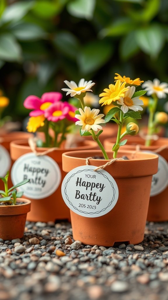 25 Fun Ideas for a 2nd Birthday Summer Party for Girls Potted flowers with personalized labels for a birthday party