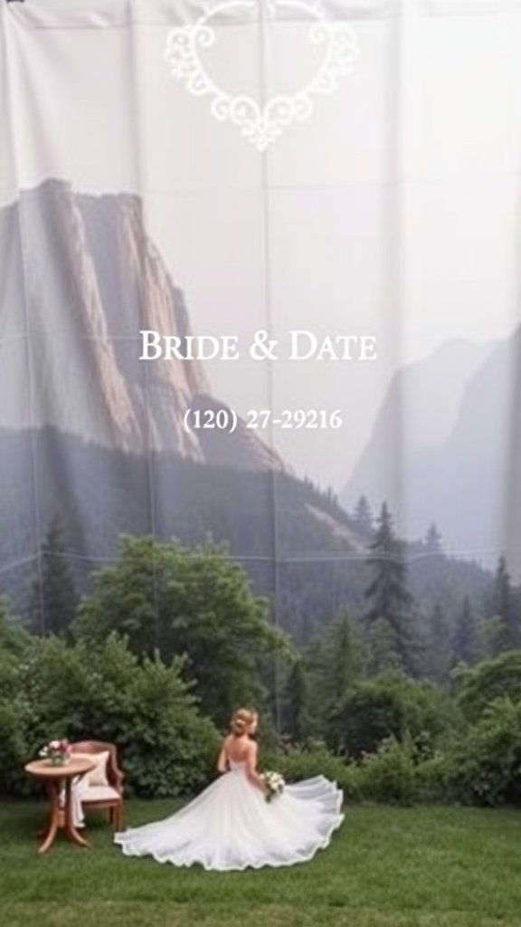 35 Creative Bridal Shower Decoration Ideas You'll Love A personalized photo booth backdrop at a bridal shower with a scenic mountain view and text 'Bride & Date'.