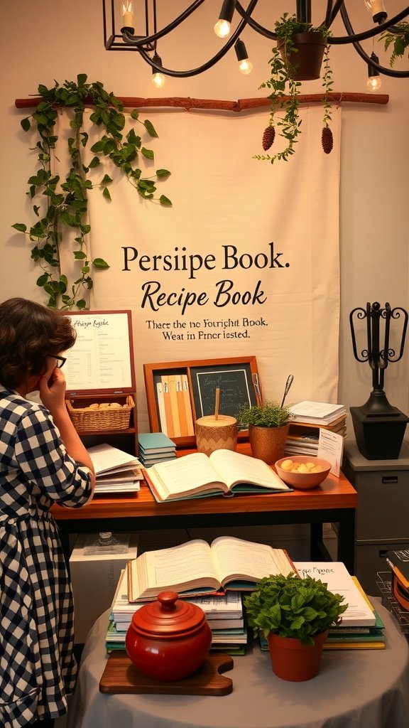 35 Creative Bridal Shower Ideas for an Unforgettable Celebration A personalized recipe book setup with a person contemplating, surrounded by fresh herbs and various recipe books on a wooden table.