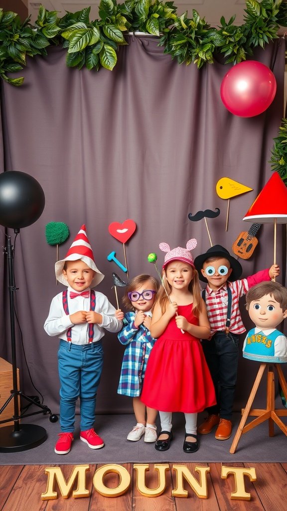 35 Creative Ideas for an Unforgettable 2nd Birthday Party Children having fun at a photo booth with props at a birthday party.