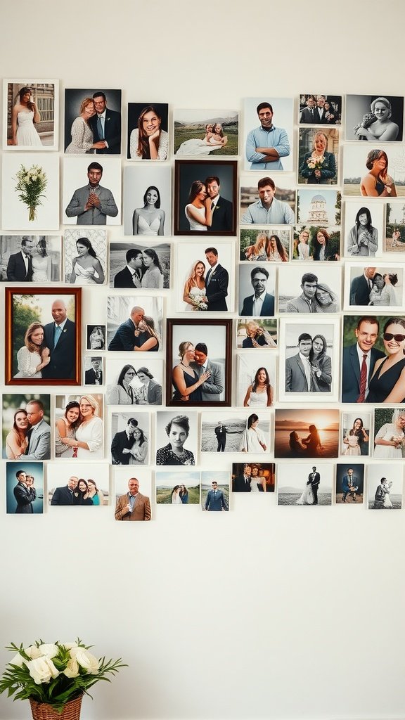 35 Creative Bridal Shower Decoration Ideas You'll Love A wall decorated with a collage of various photos, showcasing moments from weddings and gatherings, with a bouquet of flowers in front.