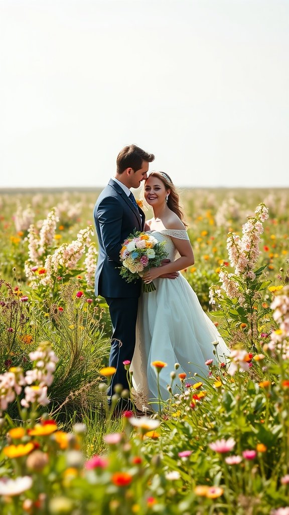 35 Stunning Wildflower Wedding Theme Ideas for Your Dream Celebration A couple standing in a field of wildflowers, smiling at each other.