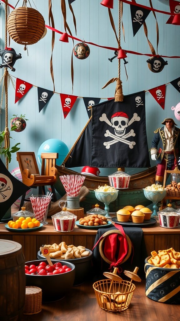 25 Must-Have Accessories for the Ultimate Pirate Costume A pirate-themed party setup with decorations, snacks, and a pirate ship backdrop.