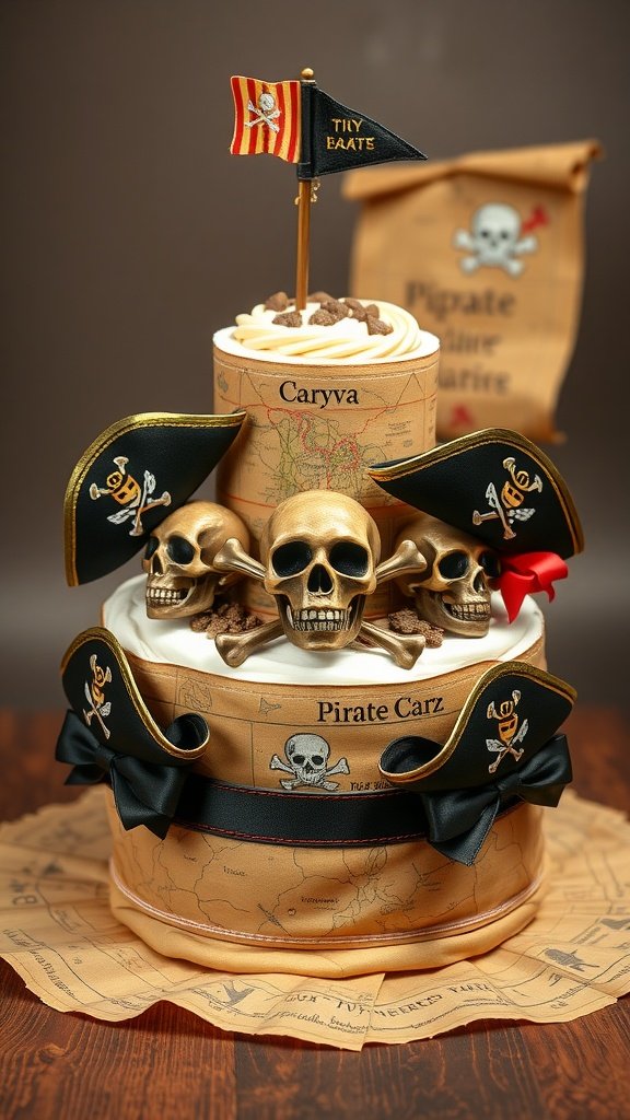 35 Adorable Diaper Cake Ideas for Baby Boys Pirate Adventure Diaper Cake decorated with skulls, pirate flags, and a treasure map design.