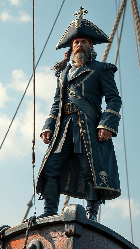 25 Must-Have Accessories for the Ultimate Pirate Costume A pirate captain standing proudly on a ship's bow, dressed in a detailed pirate costume.
