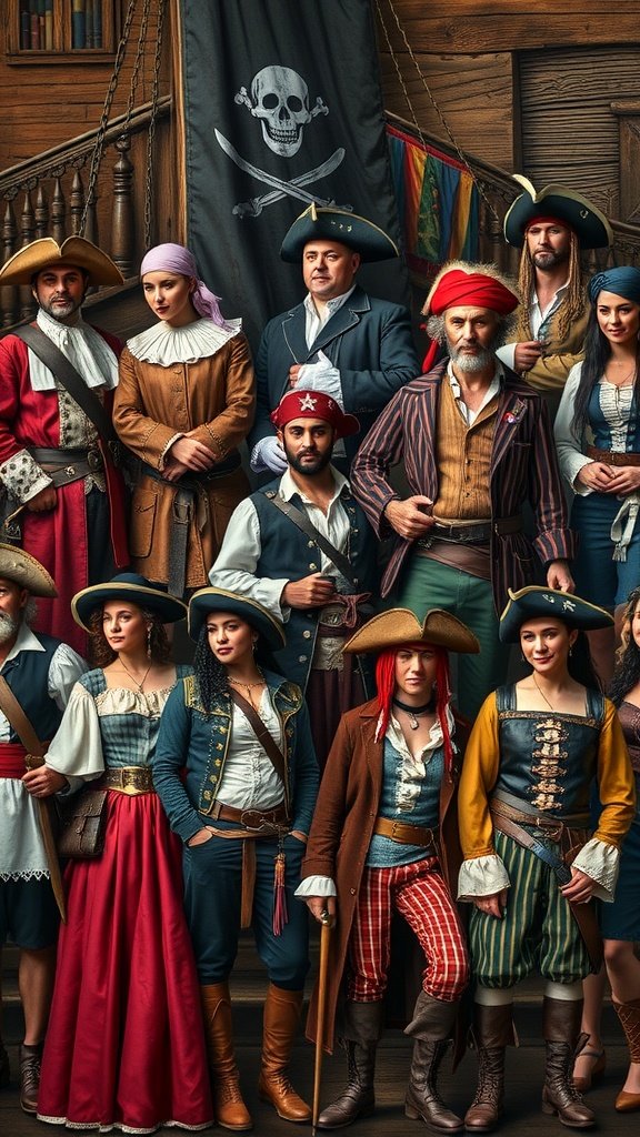 25 Must-Have Accessories for the Ultimate Pirate Costume A diverse group of people in pirate costumes, showcasing various styles and colors, with a pirate flag in the background.