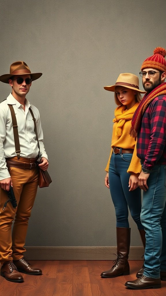 25 Must-Have Accessories for the Ultimate Pirate Costume Three people dressed in casual costumes, ready for a themed event.