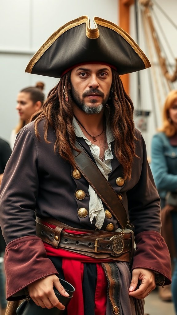 25 Must-Have Accessories for the Ultimate Pirate Costume A man dressed in a pirate costume, wearing a large hat and a long coat, ready for an exciting role.