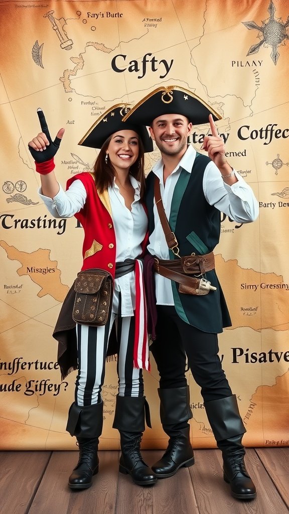 25 Must-Have Accessories for the Ultimate Pirate Costume A couple dressed in pirate costumes, showcasing a playful and coordinated look with striped pants, a red jacket, and matching pirate hats.