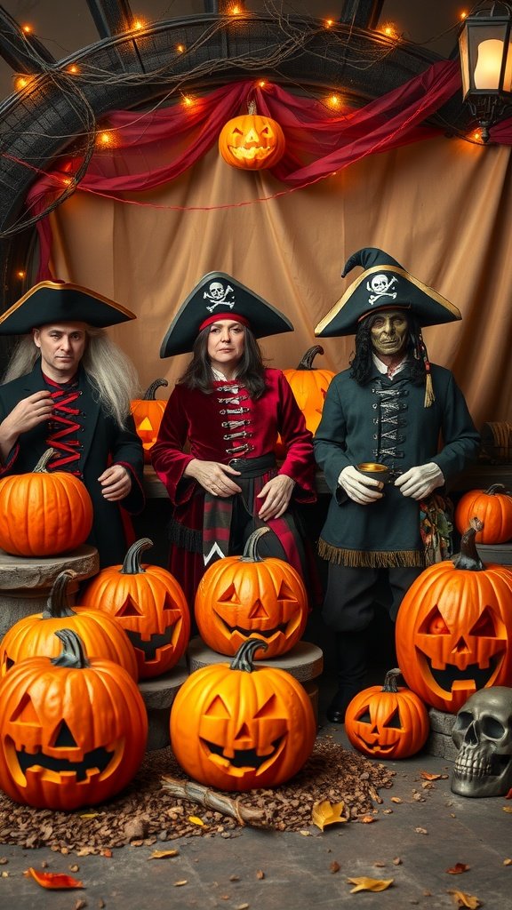 25 Must-Have Accessories for the Ultimate Pirate Costume Three people in pirate costumes surrounded by pumpkins for Halloween