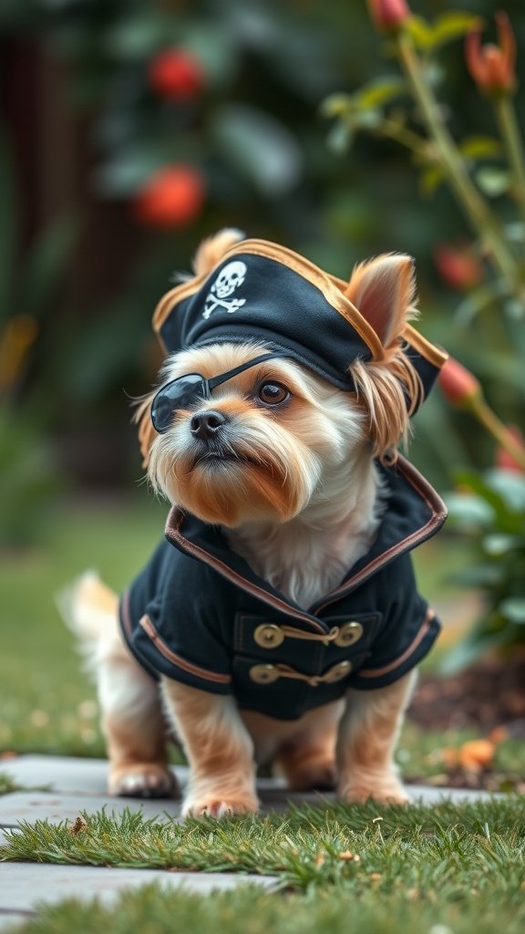 25 Must-Have Accessories for the Ultimate Pirate Costume A small dog dressed in a pirate costume with a hat and eye patch, standing on grass.