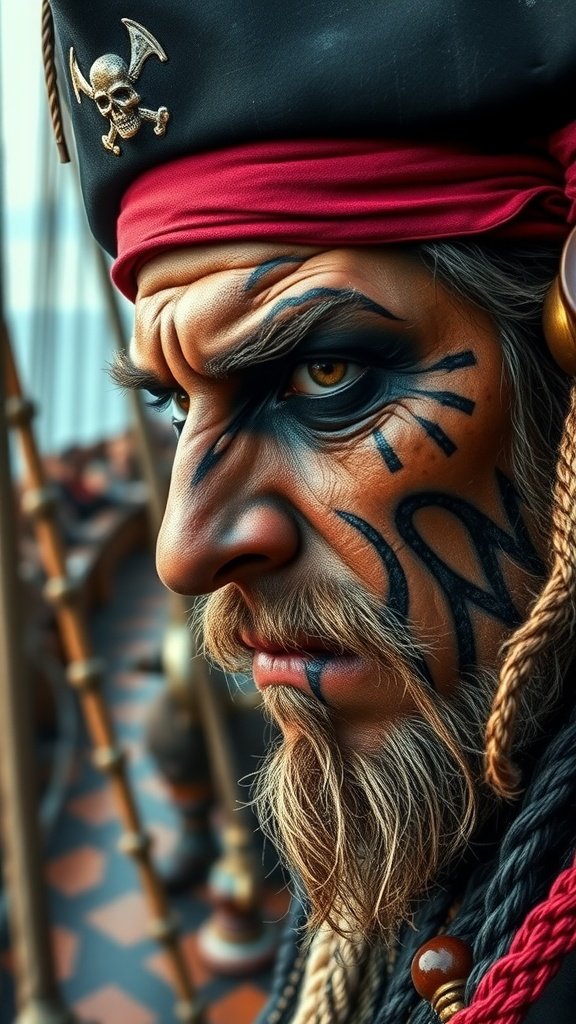 25 Must-Have Accessories for the Ultimate Pirate Costume Close-up of a pirate character showcasing bold makeup with intricate designs and a pirate hat.