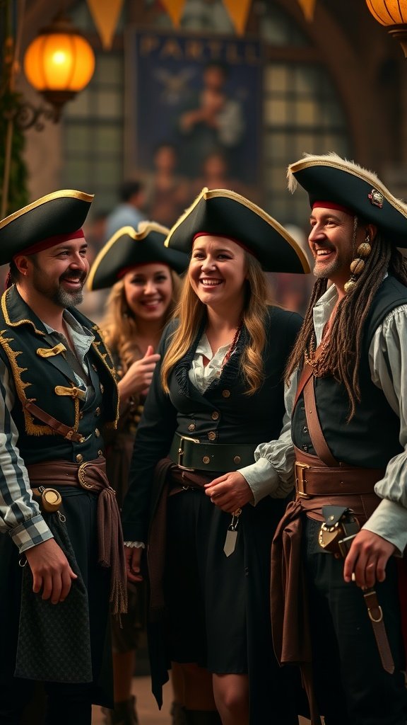 25 Must-Have Accessories for the Ultimate Pirate Costume A group of friends dressed in pirate costumes, smiling and enjoying their time.