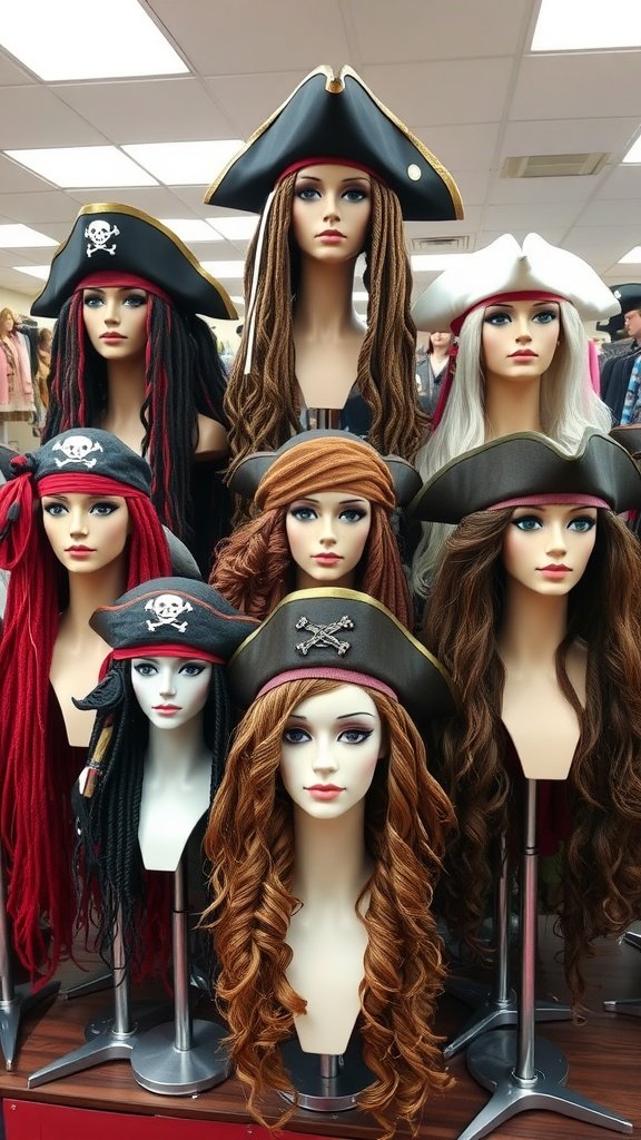 25 Must-Have Accessories for the Ultimate Pirate Costume A variety of pirate wigs and hats displayed on mannequins, showcasing different styles and colors.