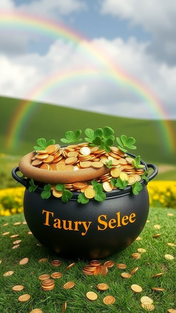 25 Creative St. Patrick's Day Costume Ideas for Everyone A pot of gold filled with coins and shamrocks, set against a backdrop of a rainbow and green hills.