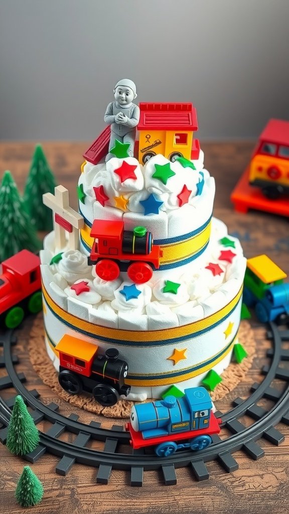 35 Adorable Diaper Cake Ideas for Baby Boys A playful train-themed diaper cake with toy trains, colorful stars, and a little boy figure on top.