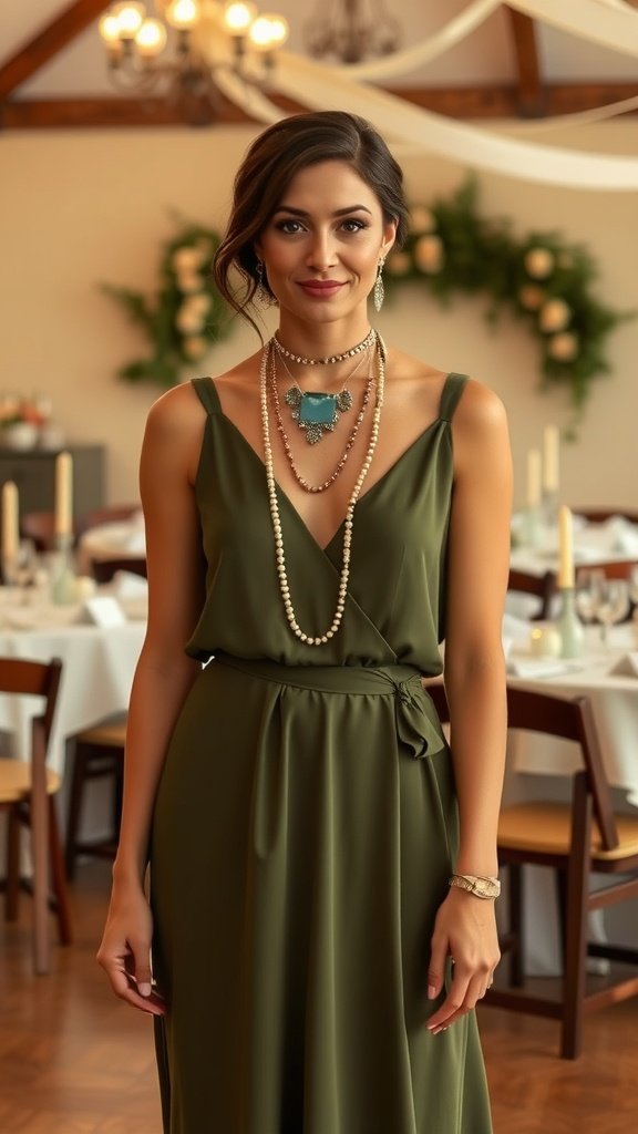 35 Stunning Olive Green Dress Outfits for Weddings An olive green dress with layered gold jewelry, set in a beautifully decorated wedding venue.