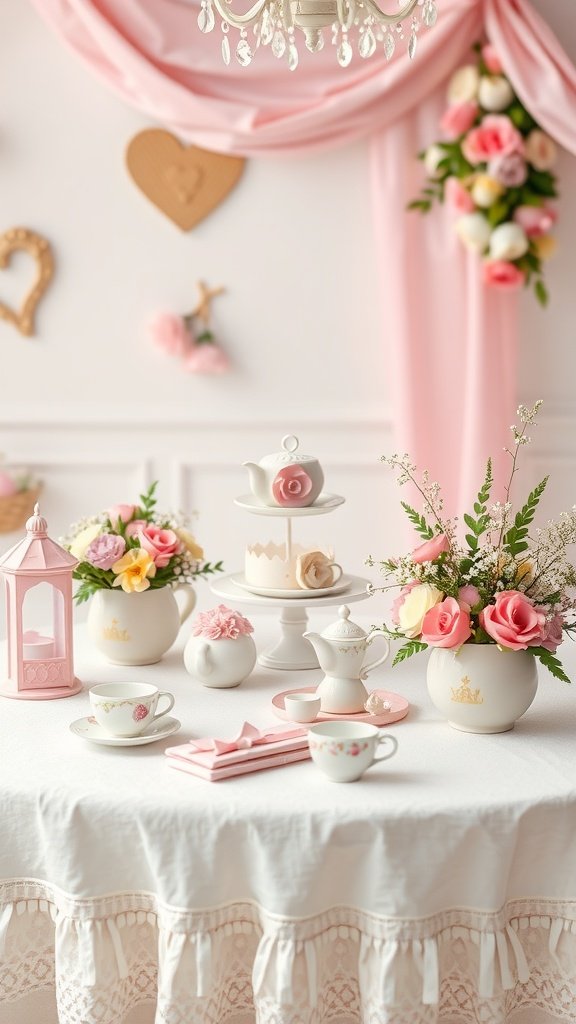 35 Creative 2nd Birthday Party Ideas for Girls A beautifully set table for a princess tea party, featuring floral arrangements and elegant tea sets.