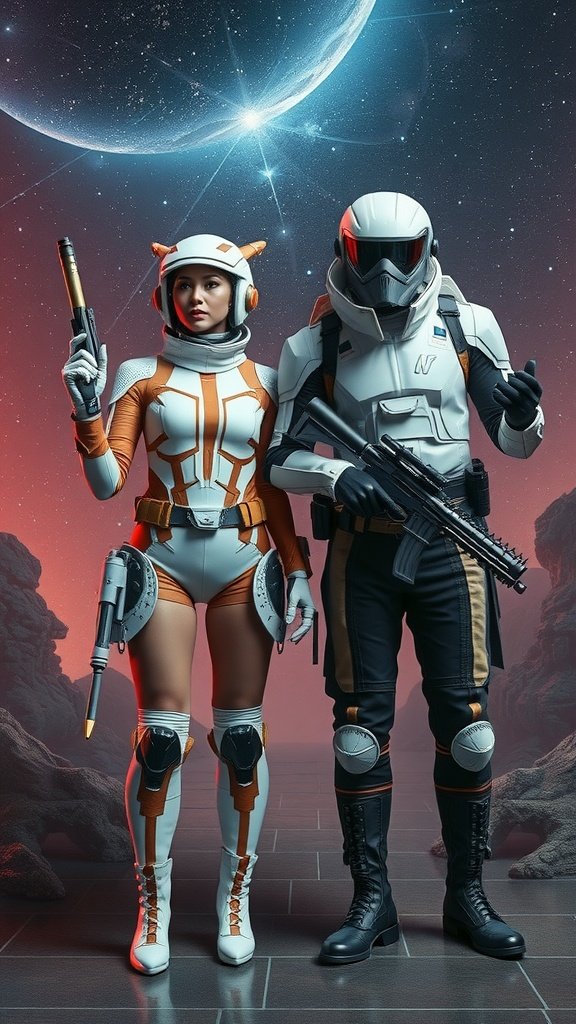 35 Best Couples Costumes for Your Next Halloween Party A couple dressed in quirky science fiction costumes, featuring a female character in an orange and white outfit with a helmet holding a futuristic weapon, alongside a male character in a sleek armored suit.